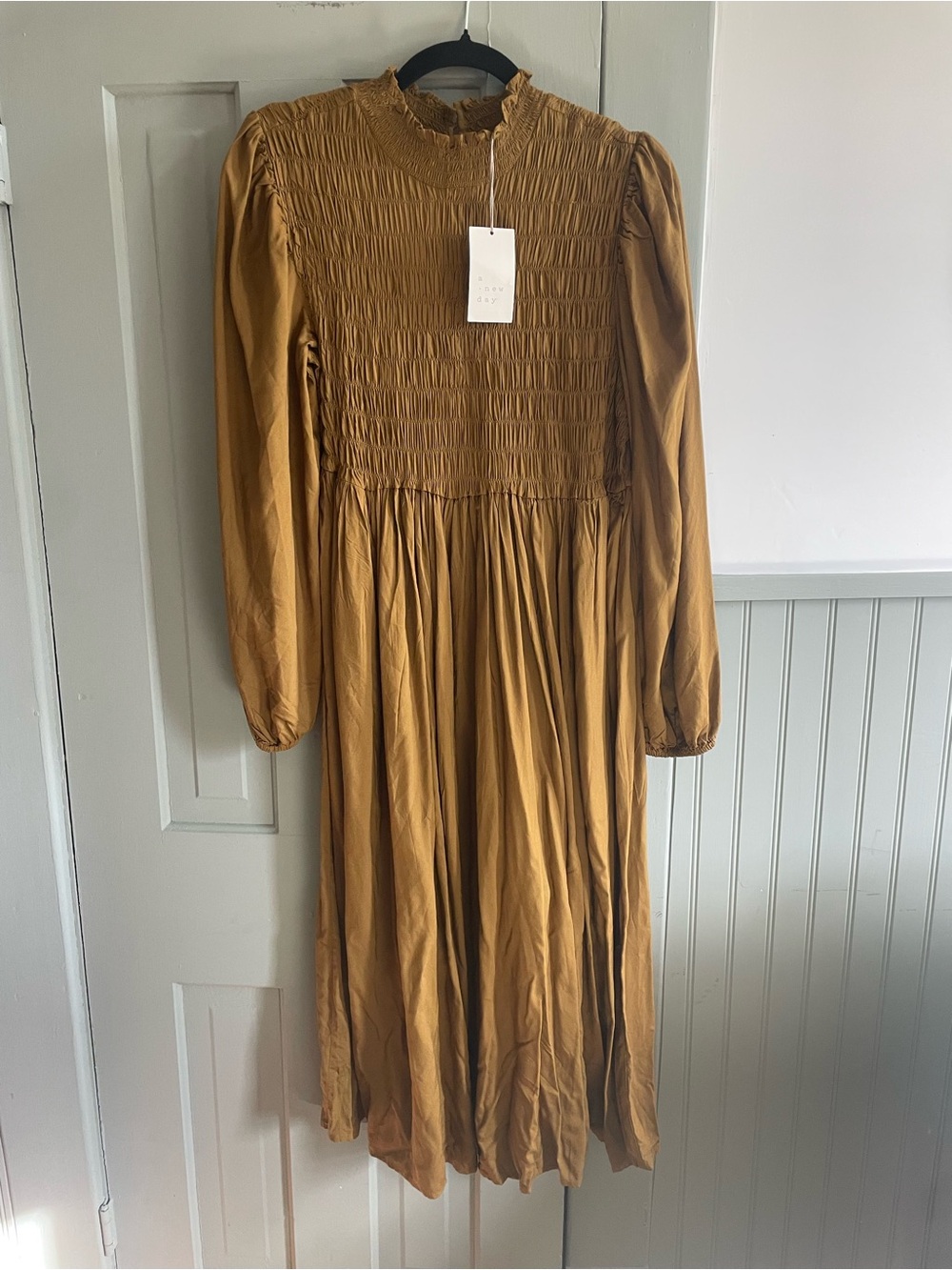 Target Smocked High Neck Long Sleeve Midi Dress in Mustard Brown brand new